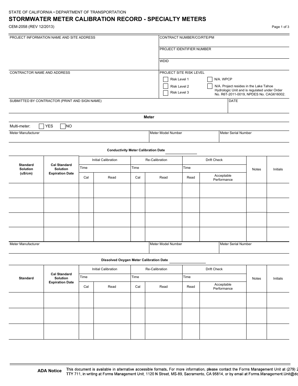 Form CEM-2058 Stormwater Meter Calibration Record - Specialty Meters - California, Page 1