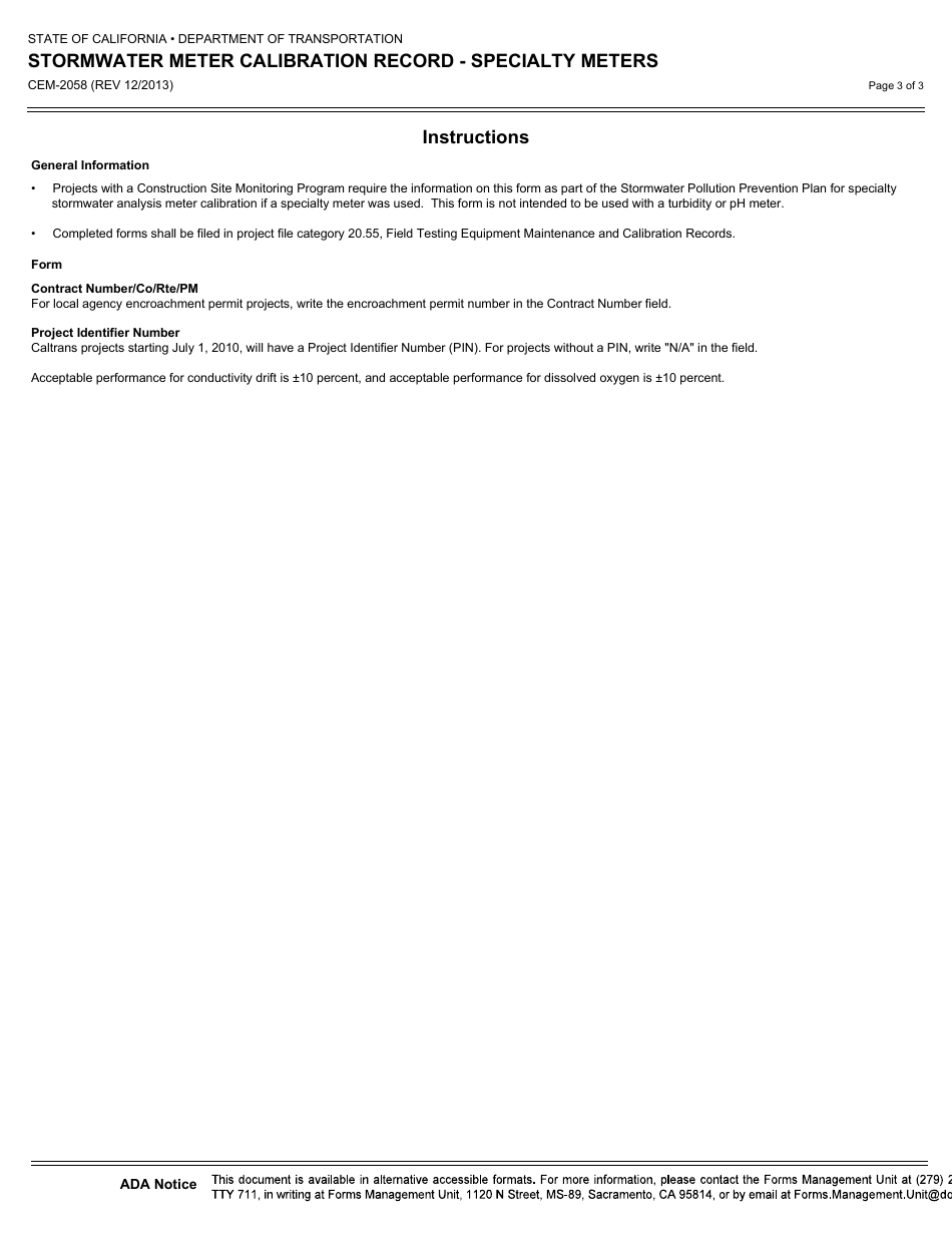 Form CEM-2058 Stormwater Meter Calibration Record - Specialty Meters - California, Page 3