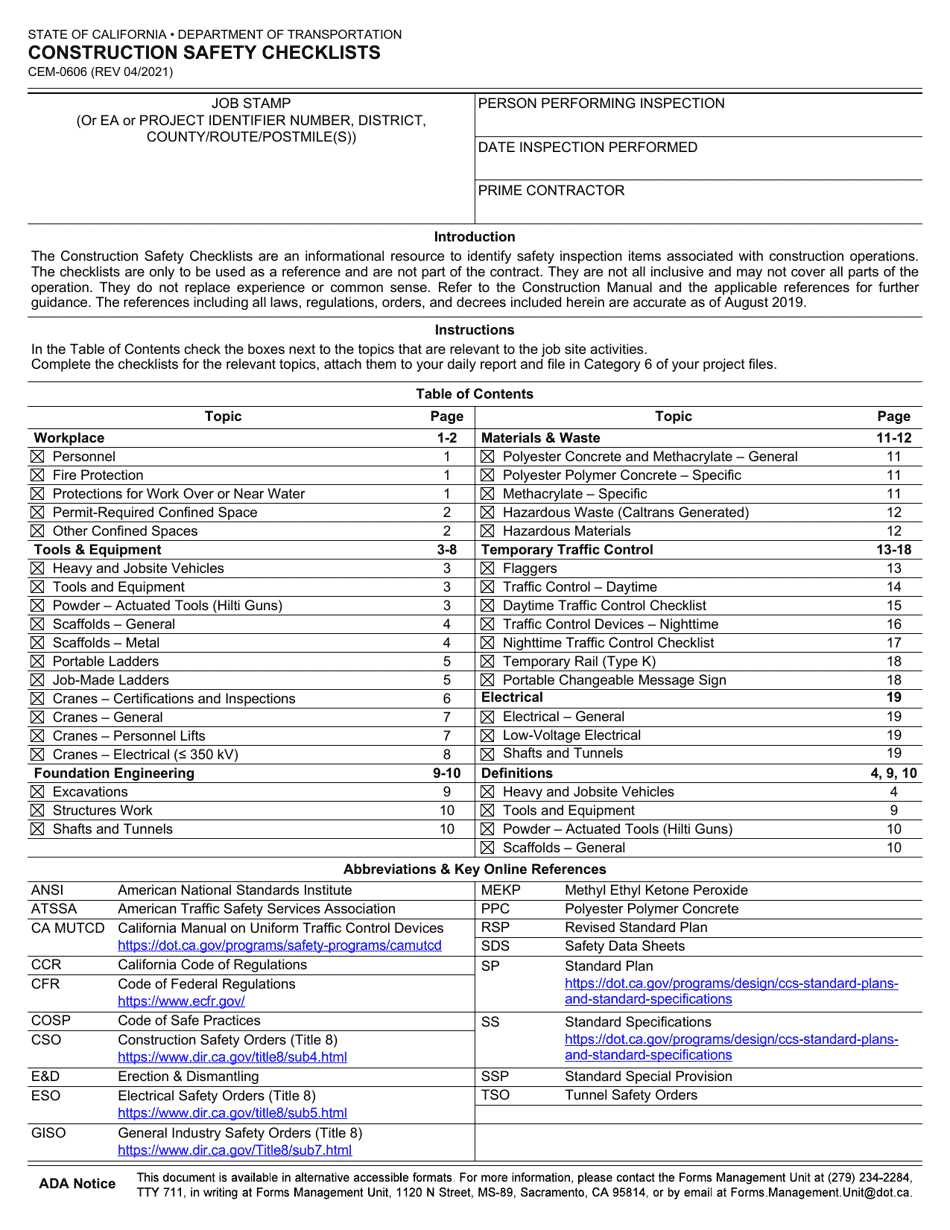Form CEM-0606 Construction Safety Checklists - California, Page 1