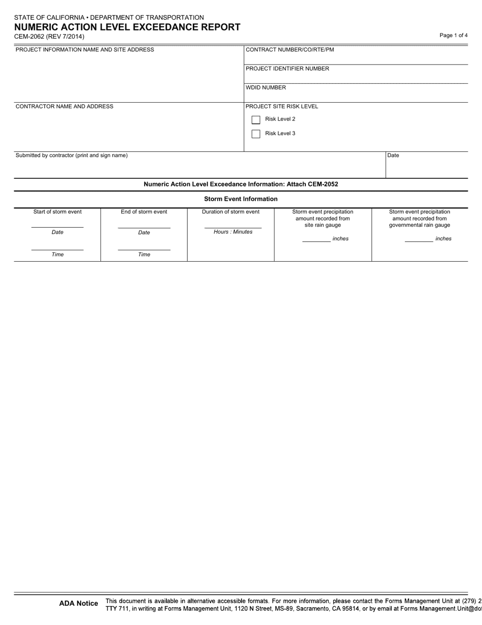 Form CEM-2062 Numeric Action Level Exceedance Report - California, Page 1