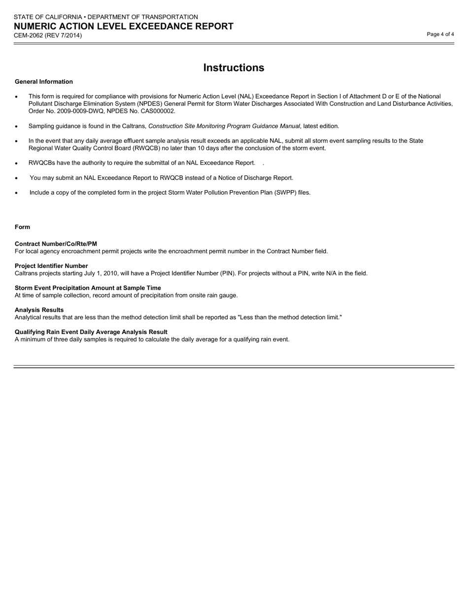 Form CEM-2062 Numeric Action Level Exceedance Report - California, Page 4