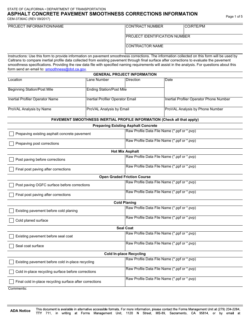 Form CEM-3736AC Asphalt Concrete Pavement Smoothness Corrections Information - California, Page 1