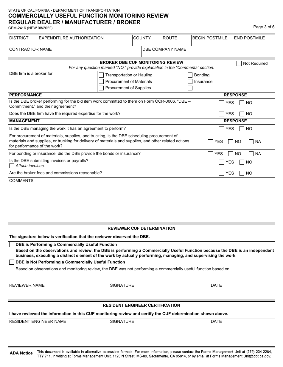 Form CEM-2416 Commercially Useful Function Monitoring Review Regular Dealer / Manufacturer / Broker - California, Page 3