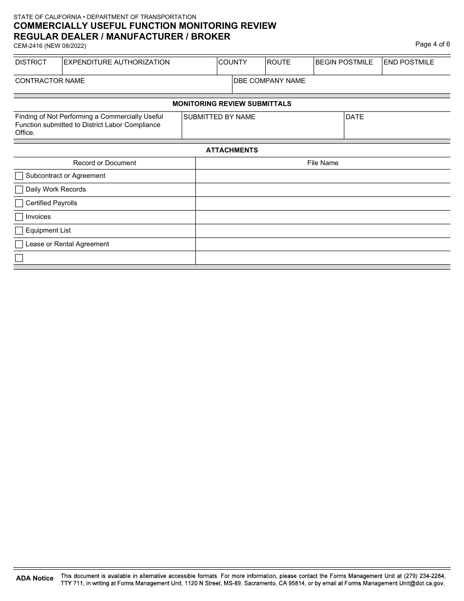 Form CEM-2416 Commercially Useful Function Monitoring Review Regular Dealer / Manufacturer / Broker - California, Page 4