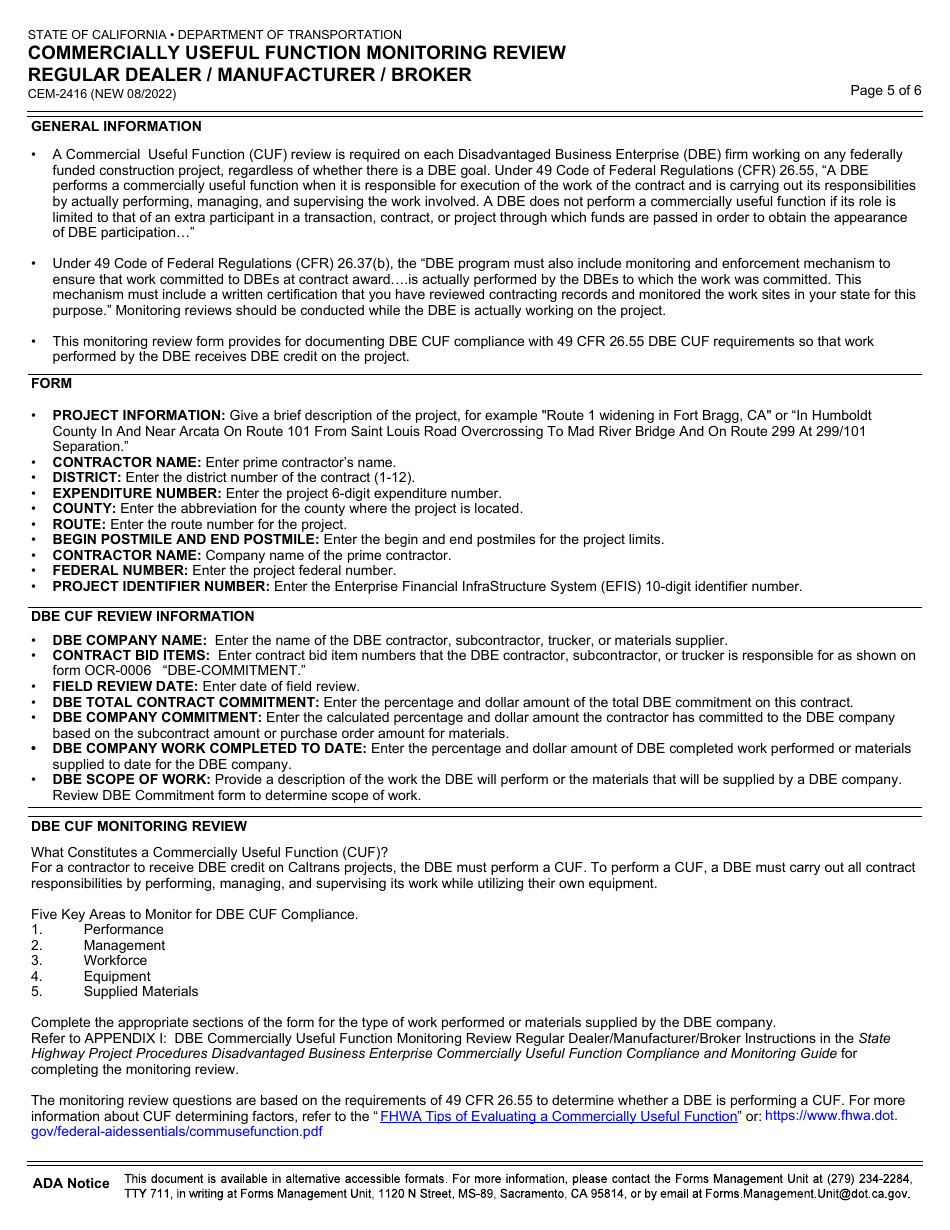 Form CEM-2416 Commercially Useful Function Monitoring Review Regular Dealer / Manufacturer / Broker - California, Page 5