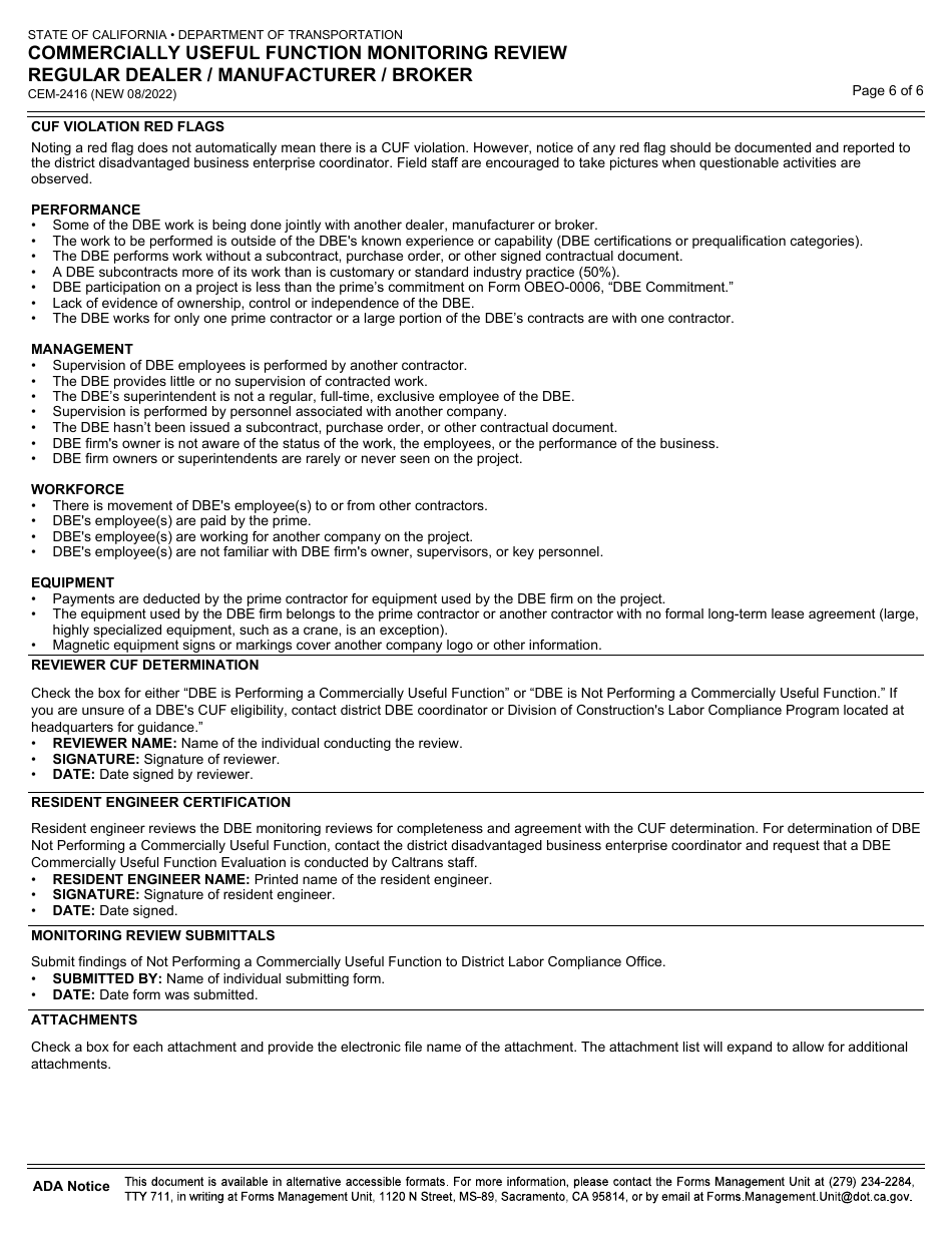 Form CEM-2416 Commercially Useful Function Monitoring Review Regular Dealer / Manufacturer / Broker - California, Page 6