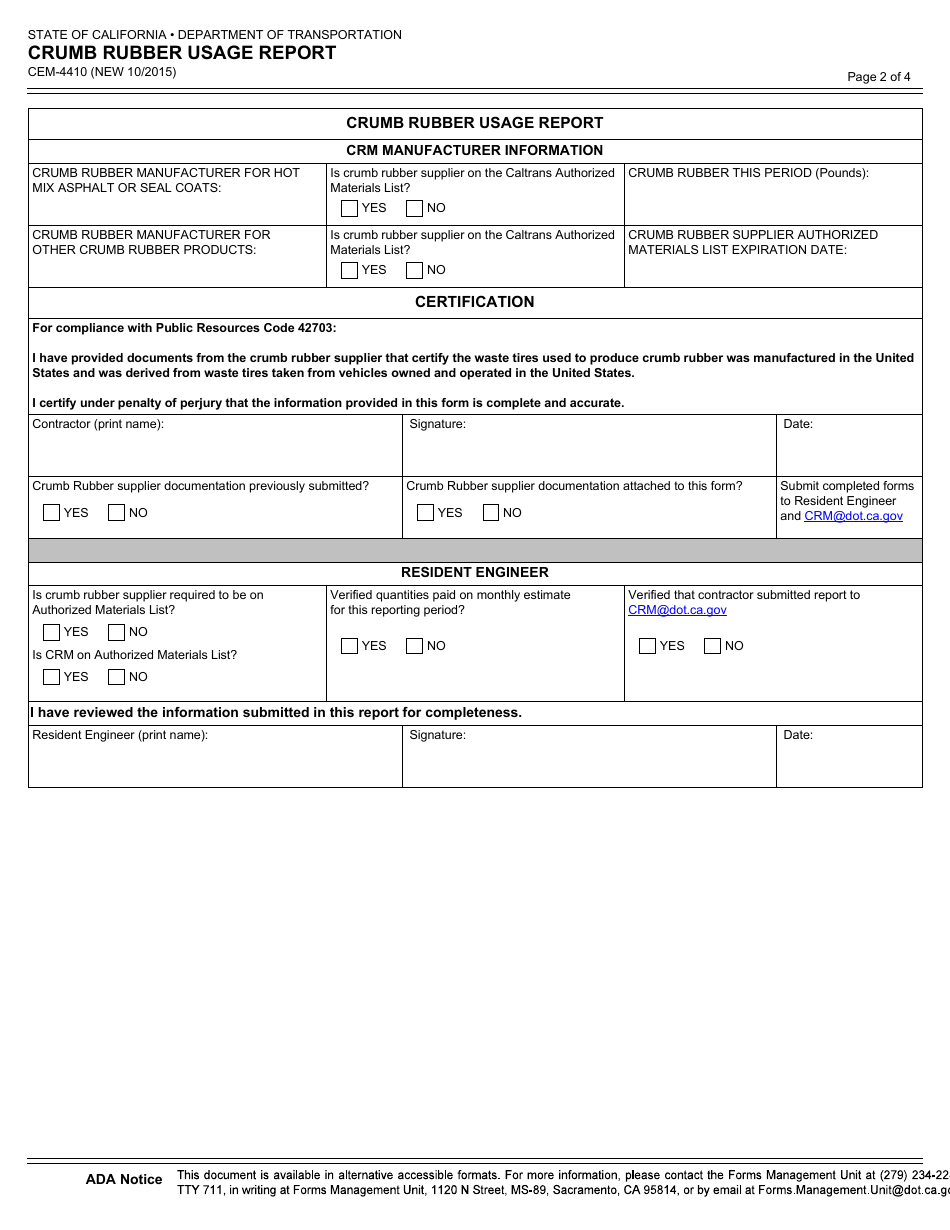 Form CEM-4410 Crumb Rubber Usage Report - California, Page 2