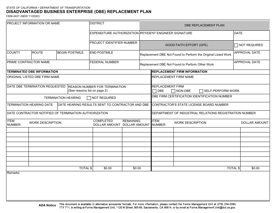Form CEM-2421 Disadvantaged Business Enterprise (Dbe) Replacement Plan - California, Page 1