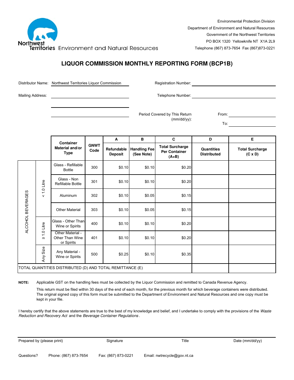 Form BCP1B Liquor Commission Monthly Reporting Form - Northwest Territories, Canada, Page 1