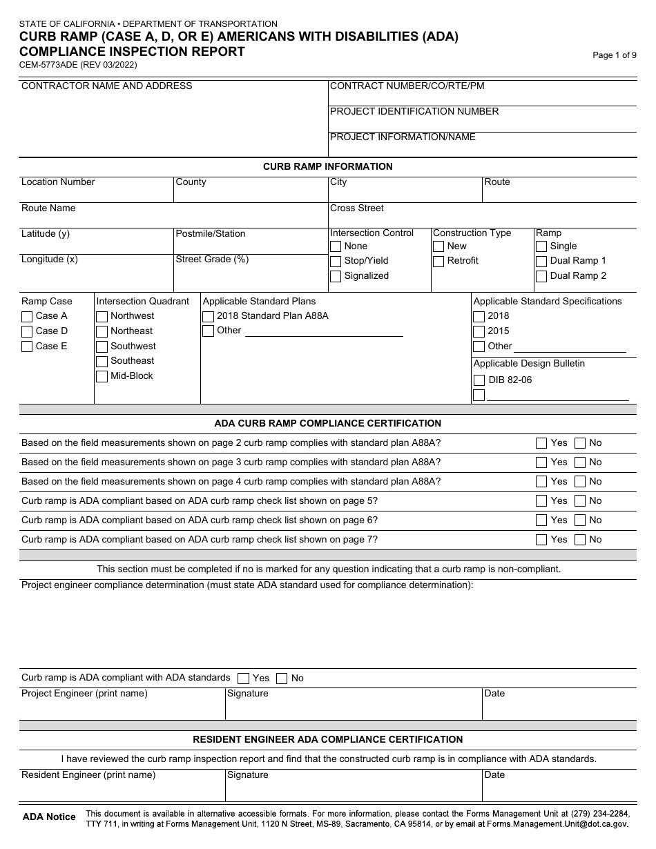 Form CEM-5773ADE Curb Ramp (Case a, D, or E) Americans With Disabilities (Ada) Compliance Inspection Report - California, Page 1