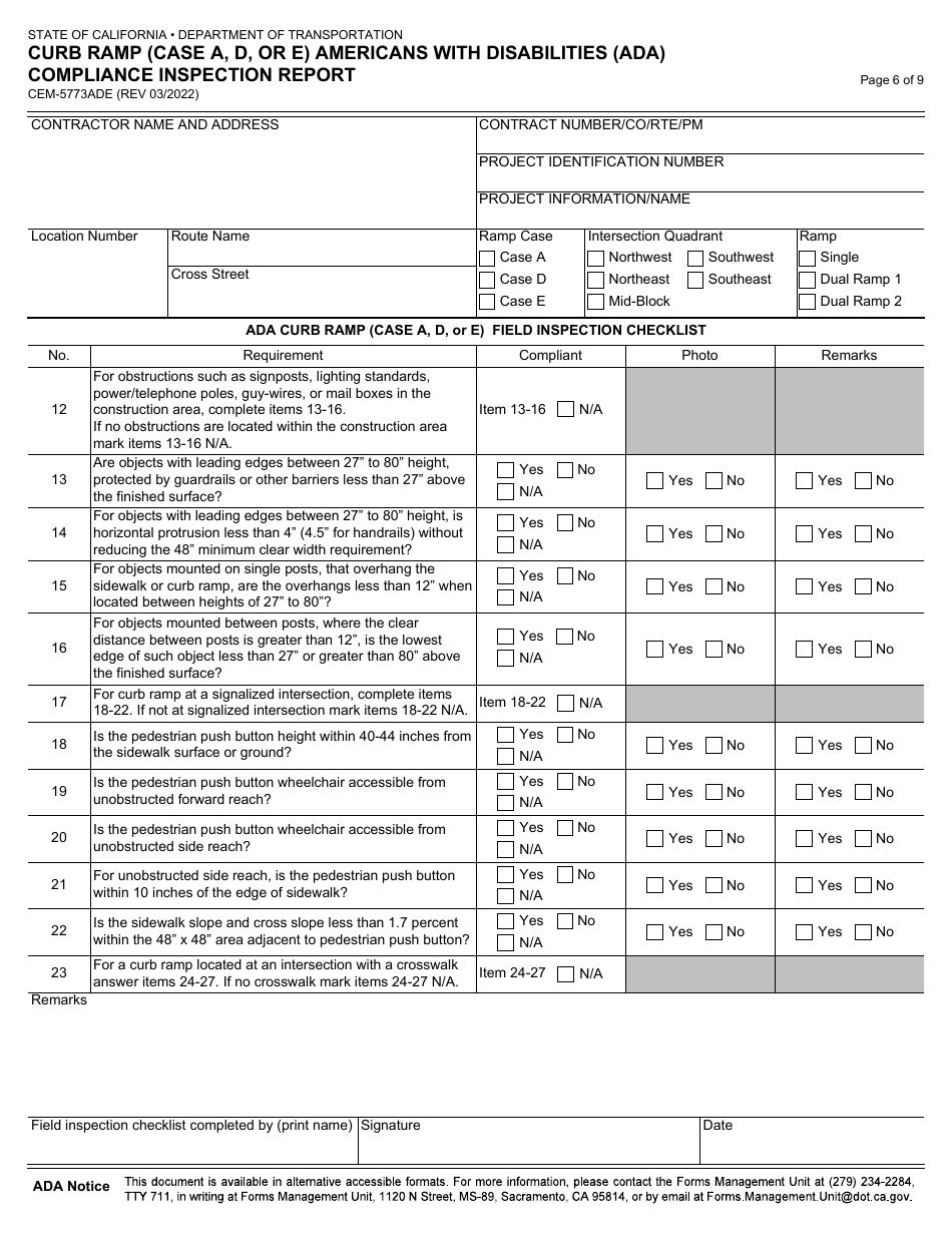 Form CEM-5773ADE Curb Ramp (Case a, D, or E) Americans With Disabilities (Ada) Compliance Inspection Report - California, Page 6
