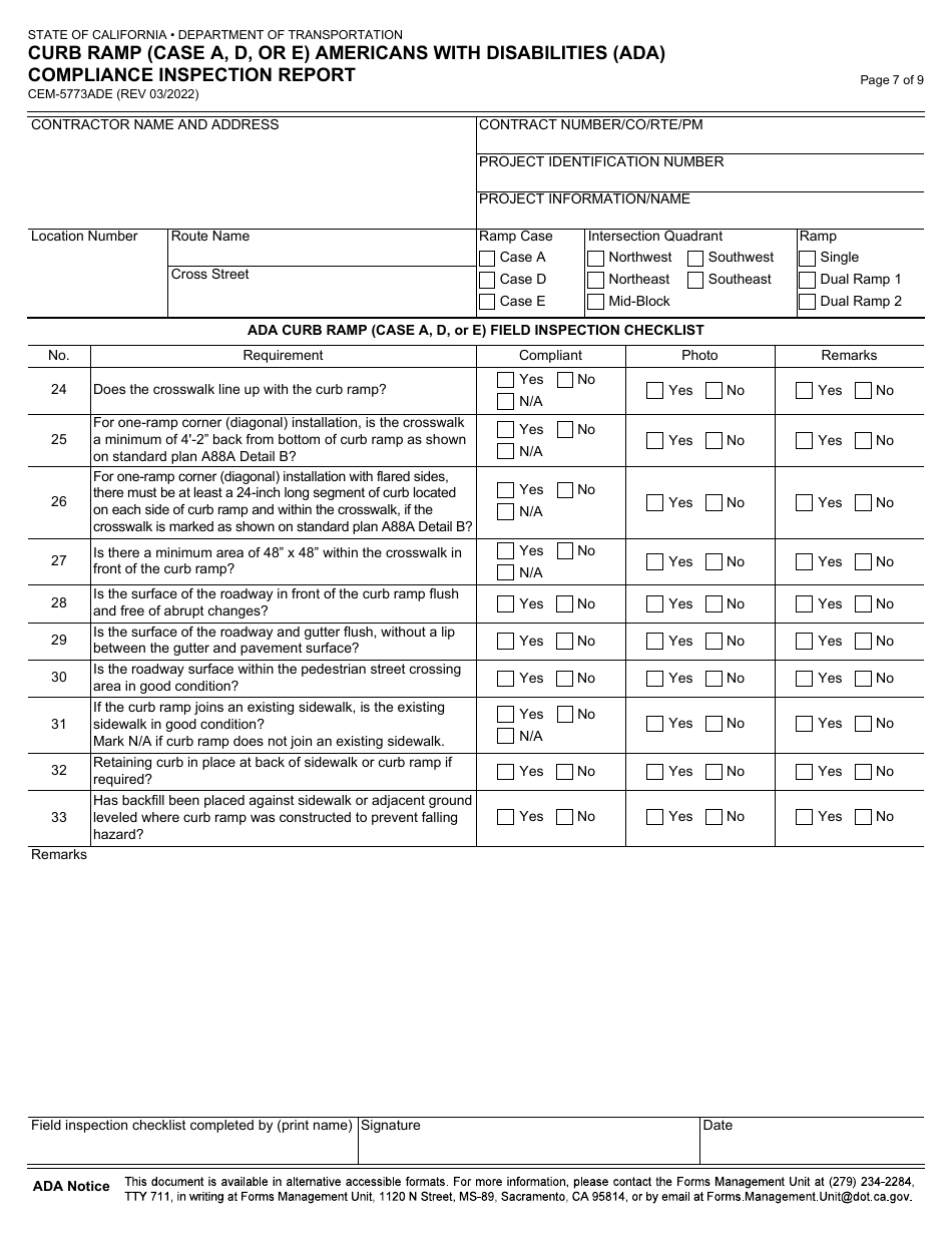 Form CEM-5773ADE Curb Ramp (Case a, D, or E) Americans With Disabilities (Ada) Compliance Inspection Report - California, Page 7