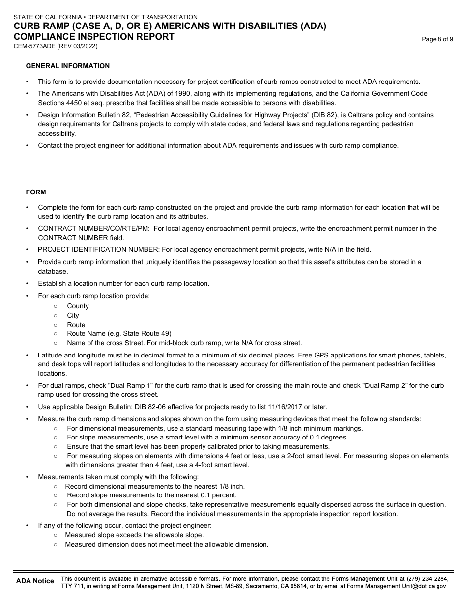 Form CEM-5773ADE Curb Ramp (Case a, D, or E) Americans With Disabilities (Ada) Compliance Inspection Report - California, Page 8