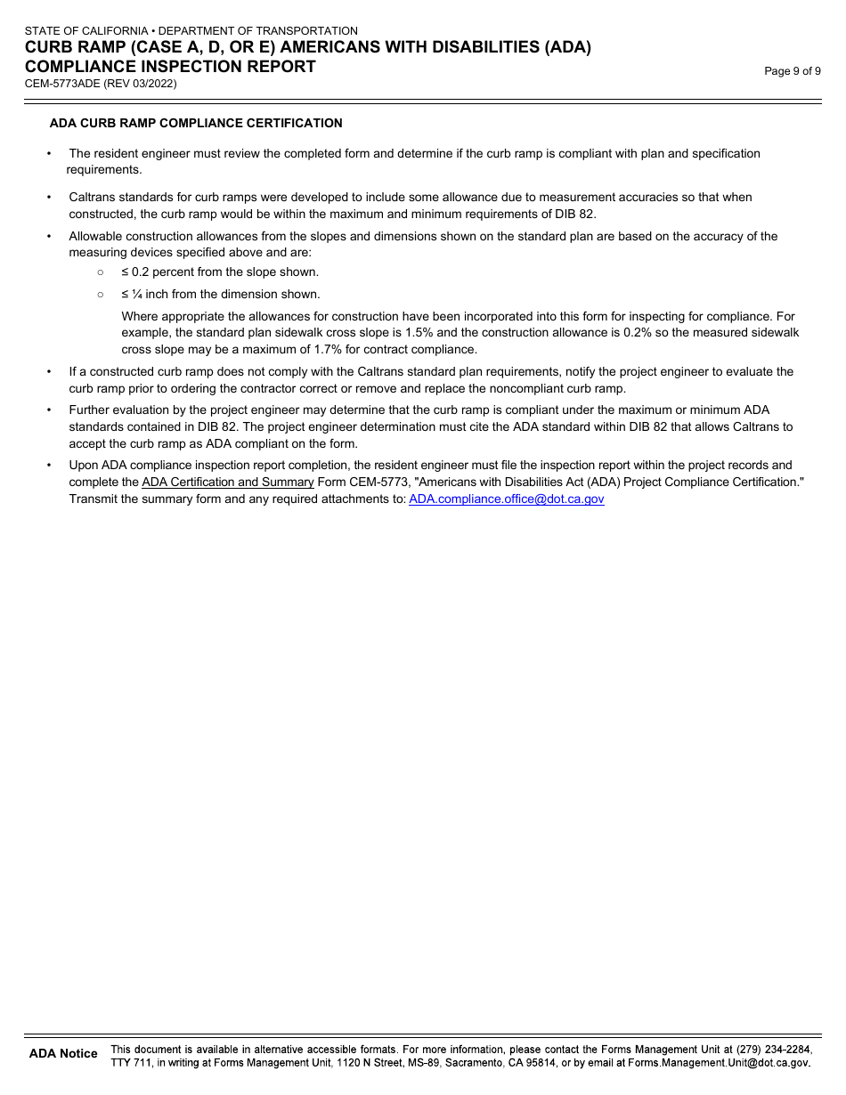 Form CEM-5773ADE Curb Ramp (Case a, D, or E) Americans With Disabilities (Ada) Compliance Inspection Report - California, Page 9