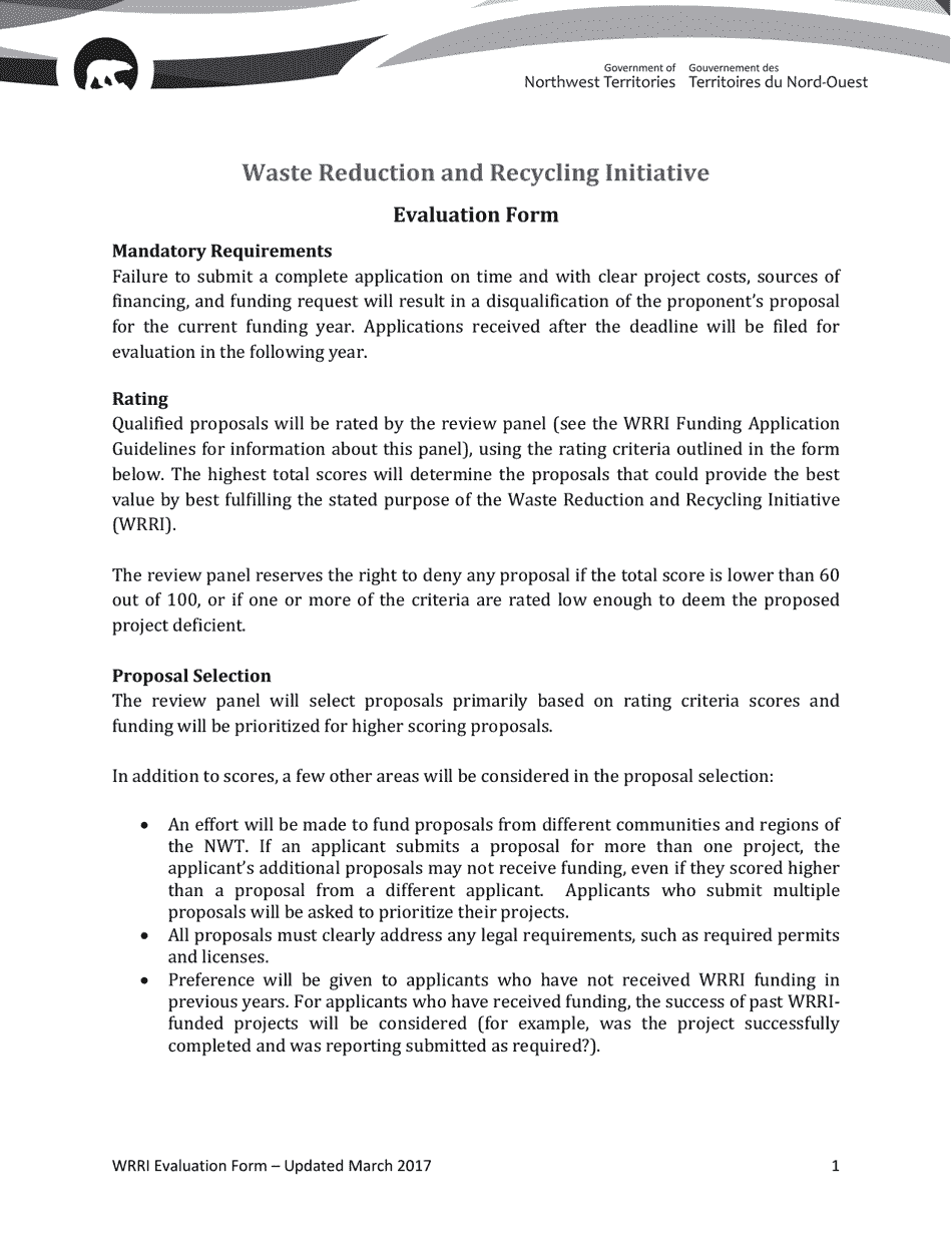 Evaluation Form - Waste Reduction and Recycling Initiative - Northwest Territories, Canada, Page 1