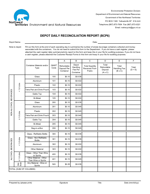 Form BCP6 Depot Daily Reconciliation Report - Northwest Territories, Canada