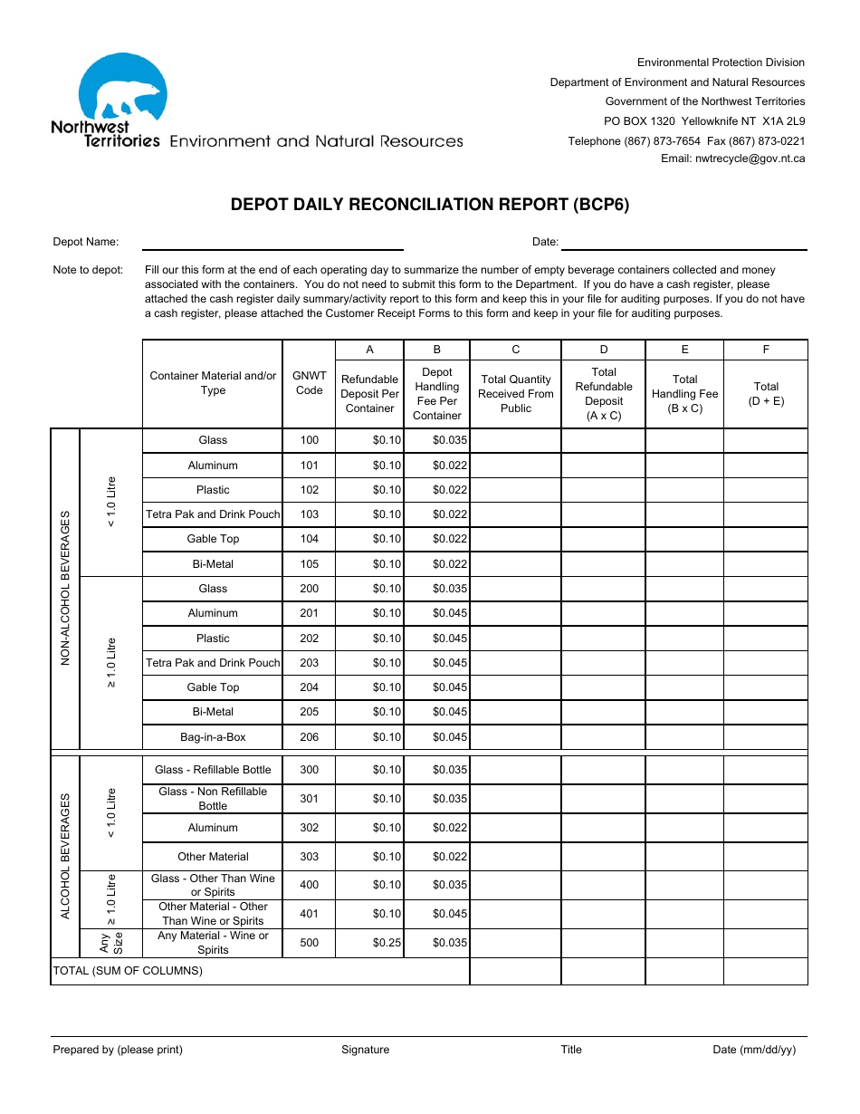 Form BCP6 Depot Daily Reconciliation Report - Northwest Territories, Canada, Page 1