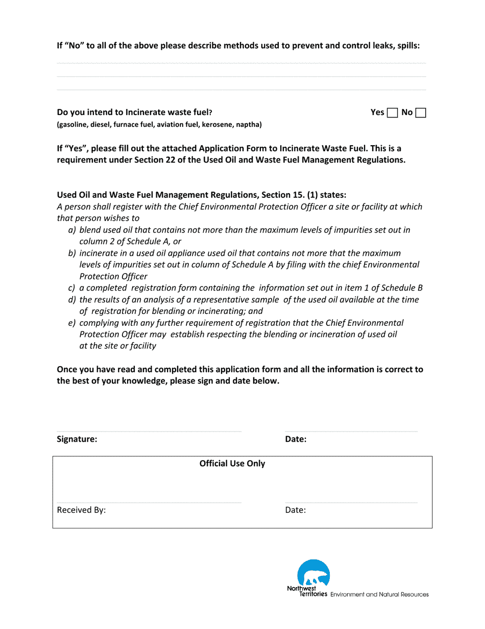Application to Blend or Incinerate Used Oil / Waste Fuel - Northwest Territories, Canada, Page 3