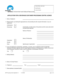 Document preview: Application for a Beverage Container Processing Centre Licence - Northwest Territories, Canada
