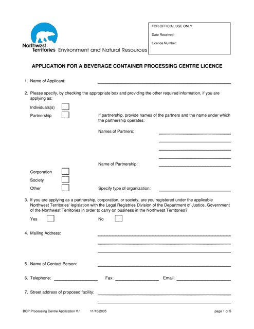 Application for a Beverage Container Processing Centre Licence - Northwest Territories, Canada Download Pdf