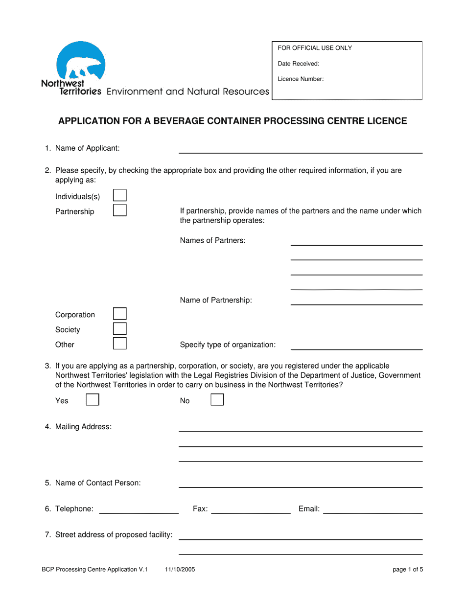 Application for a Beverage Container Processing Centre Licence - Northwest Territories, Canada, Page 1