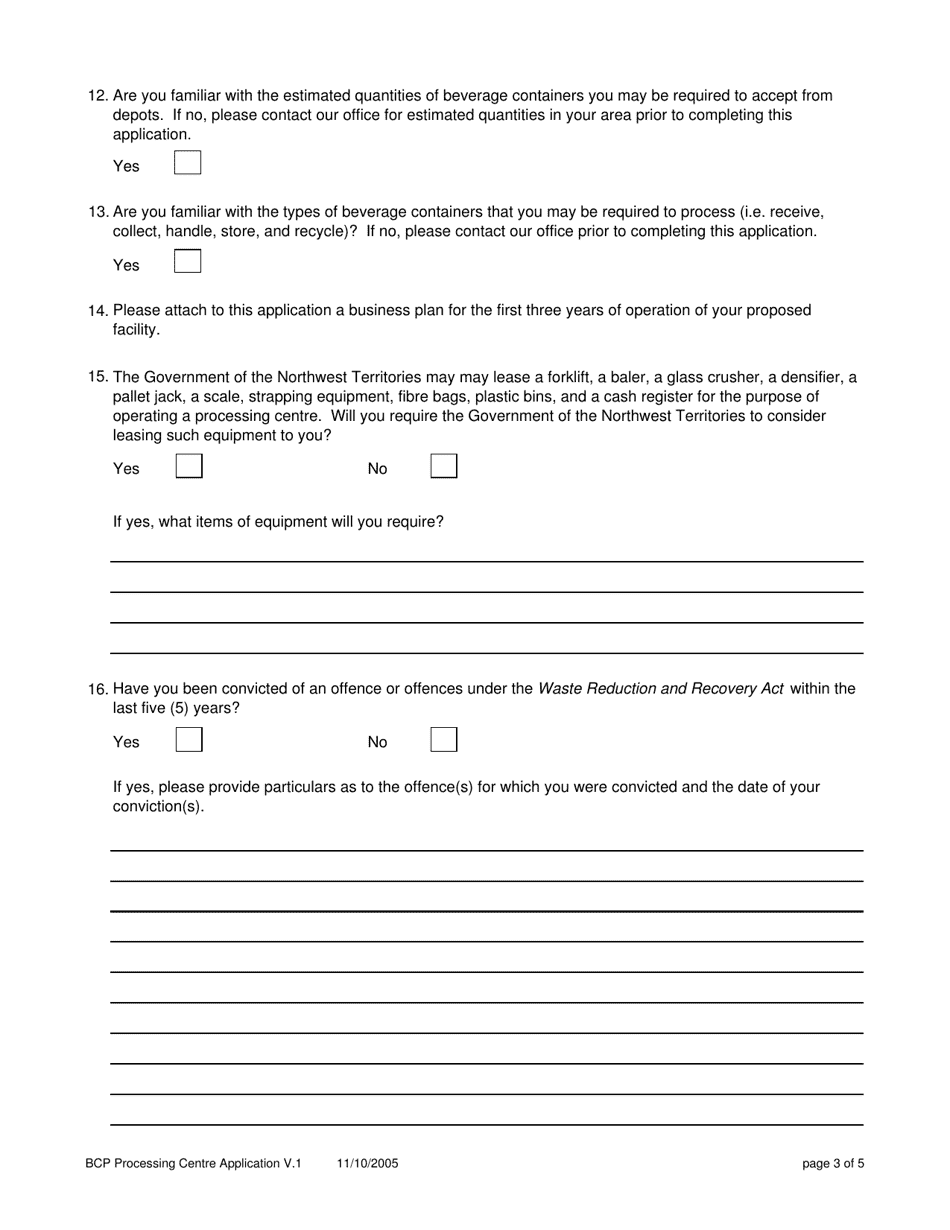 Application for a Beverage Container Processing Centre Licence - Northwest Territories, Canada, Page 3