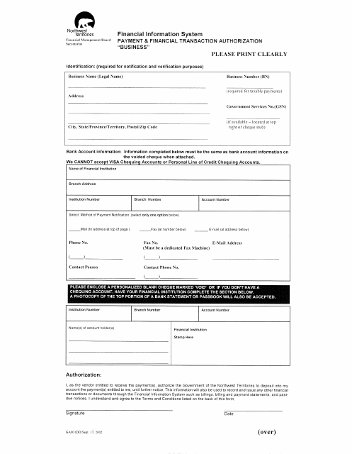 Form GA001DD Payment & Financial Transaction Authorization - Northwest Territories, Canada