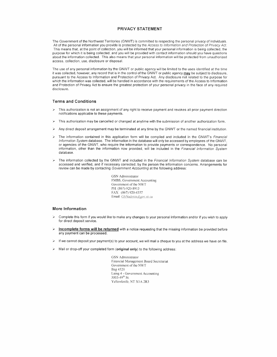 Form GA001DD Payment  Financial Transaction Authorization - Northwest Territories, Canada, Page 2