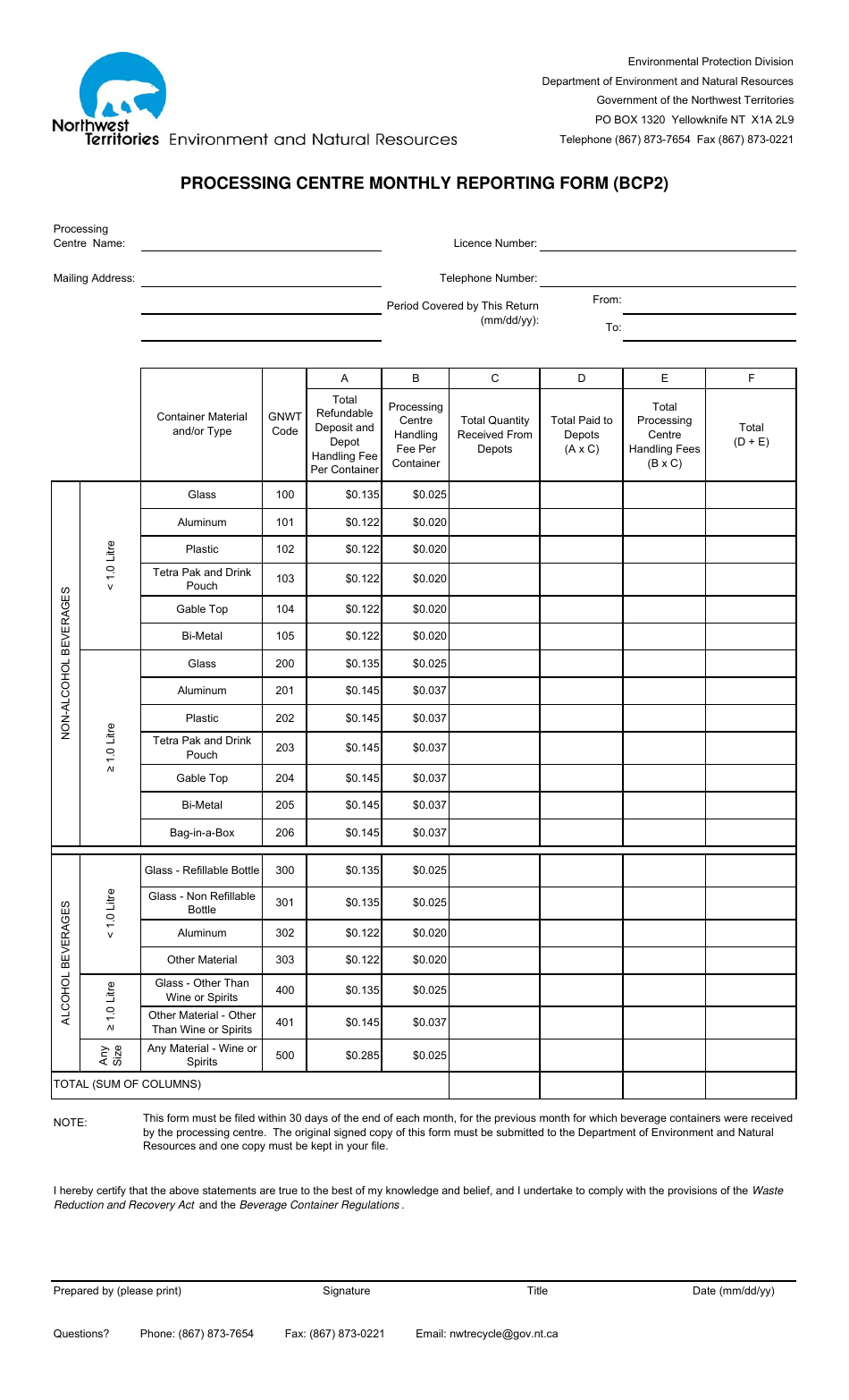 Form BCP2 Processing Centre Monthly Reporting Form - Northwest Territories, Canada, Page 1
