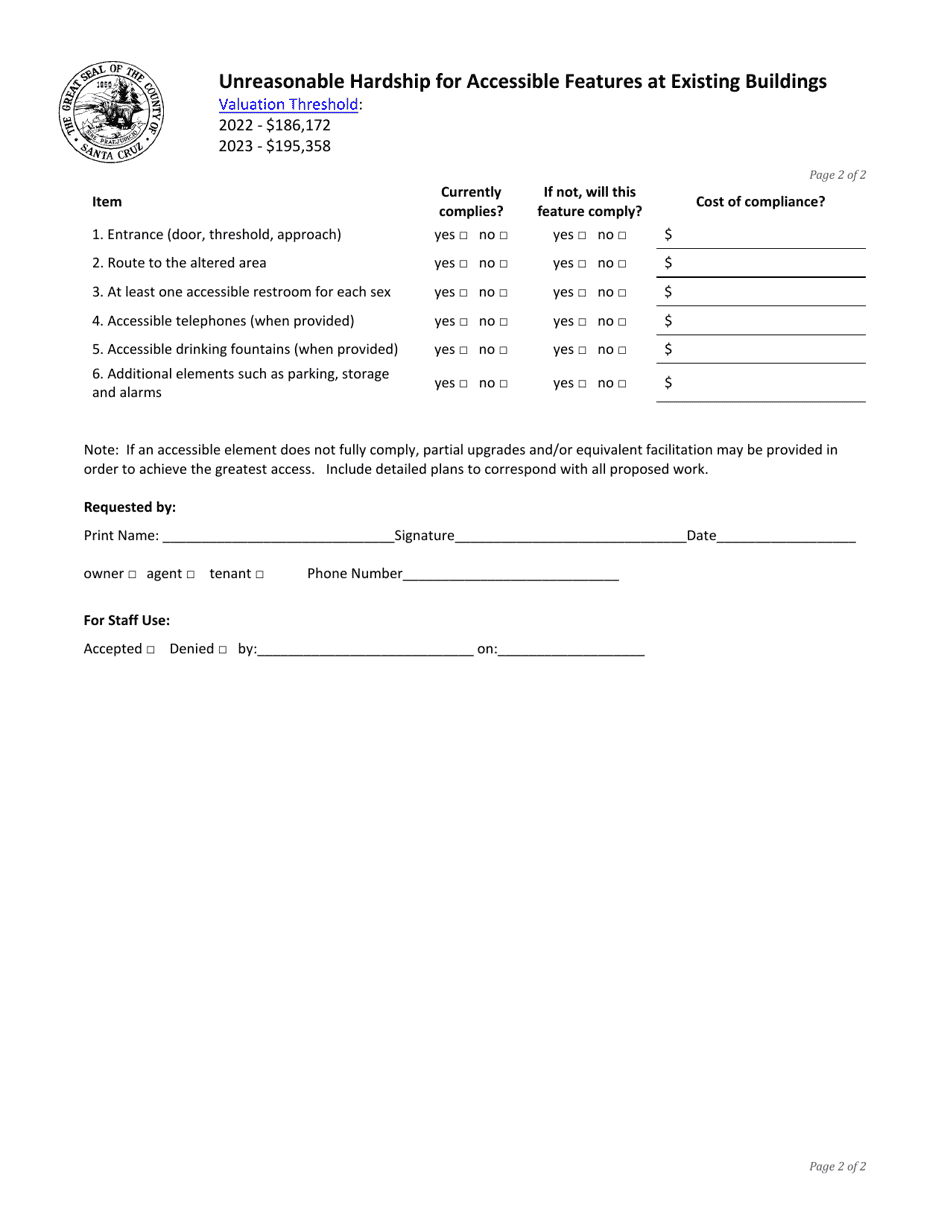 Unreasonable Hardship for Accessible Features at Existing Buildings - Santa Cruz County, California, Page 2