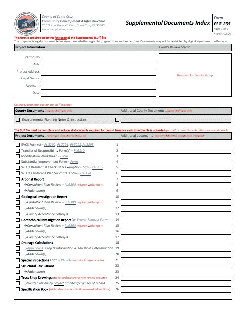 Form PLG-235 Supplemental Documents Index - Santa Cruz County, California