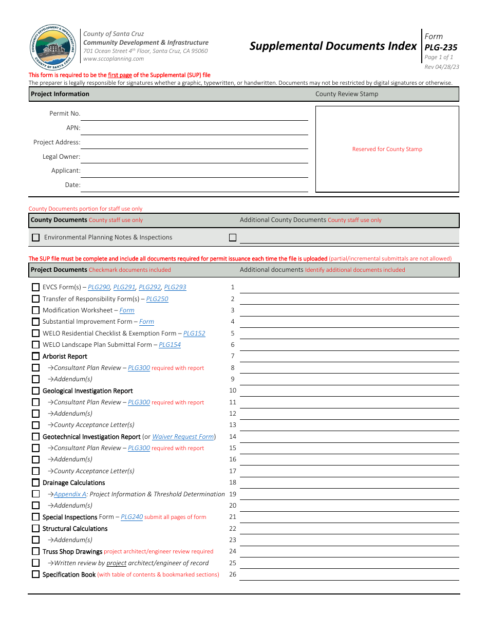 Form PLG-235 Supplemental Documents Index - Santa Cruz County, California, Page 1