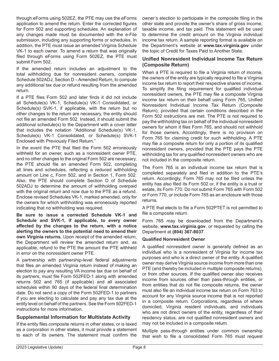 Instructions for Form 502 Pass-Through Entity Return of Income and Return of Nonresident Withholding Tax - Virginia, Page 10
