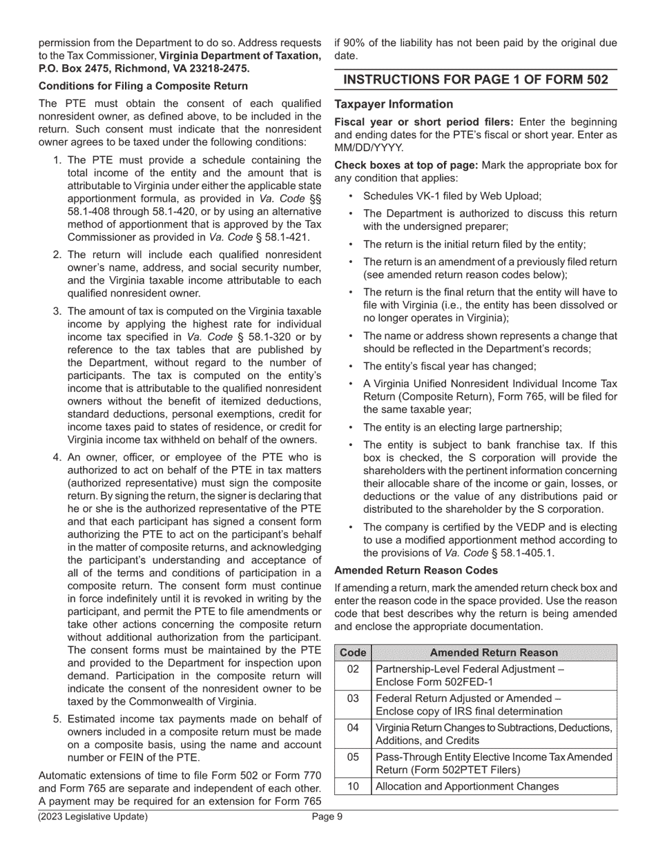 Instructions for Form 502 Pass-Through Entity Return of Income and Return of Nonresident Withholding Tax - Virginia, Page 11