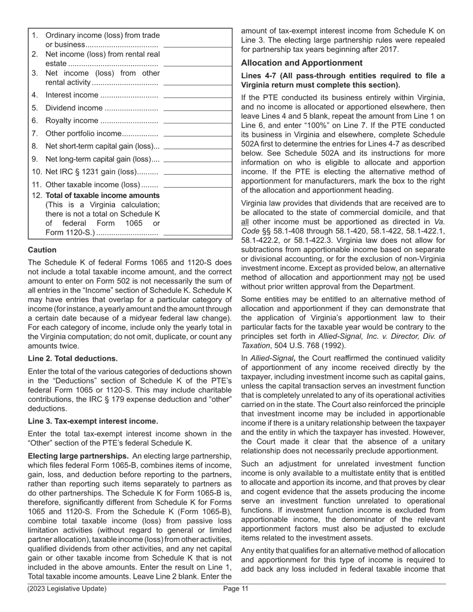 Instructions for Form 502 Pass-Through Entity Return of Income and Return of Nonresident Withholding Tax - Virginia, Page 13