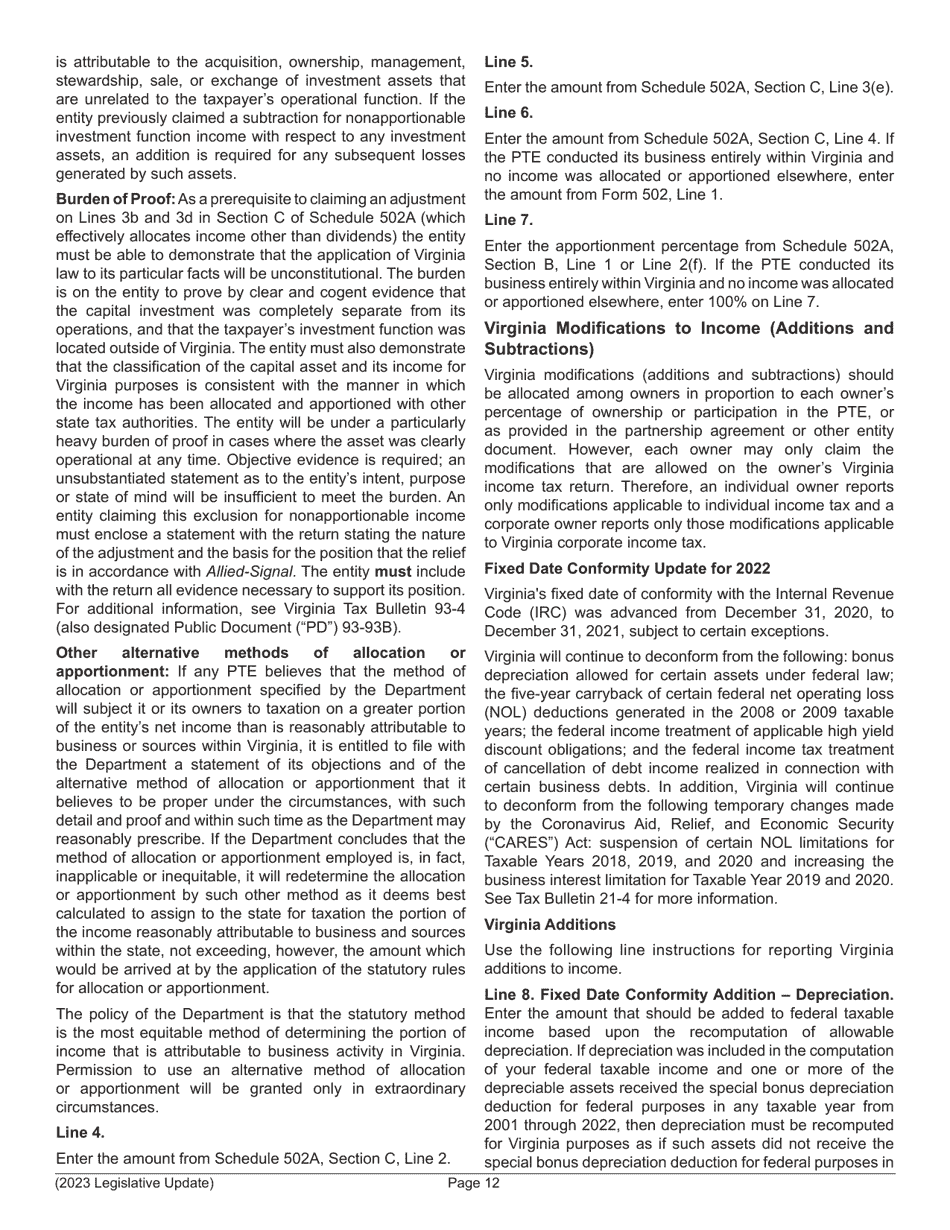 Instructions for Form 502 Pass-Through Entity Return of Income and Return of Nonresident Withholding Tax - Virginia, Page 14