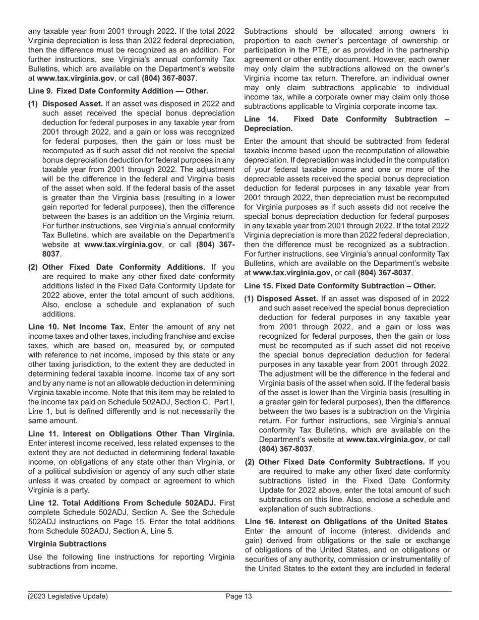 Instructions for Form 502 Pass-Through Entity Return of Income and Return of Nonresident Withholding Tax - Virginia, Page 15