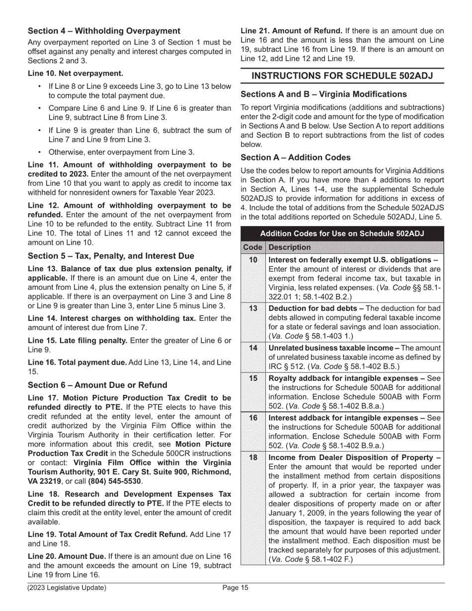Instructions for Form 502 Pass-Through Entity Return of Income and Return of Nonresident Withholding Tax - Virginia, Page 17