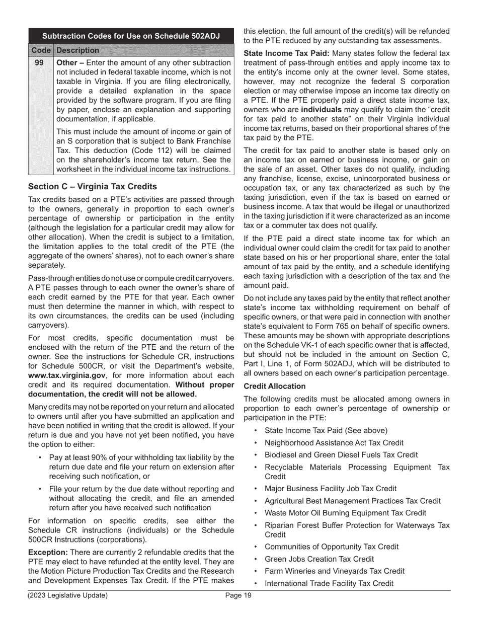 Instructions for Form 502 Pass-Through Entity Return of Income and Return of Nonresident Withholding Tax - Virginia, Page 21
