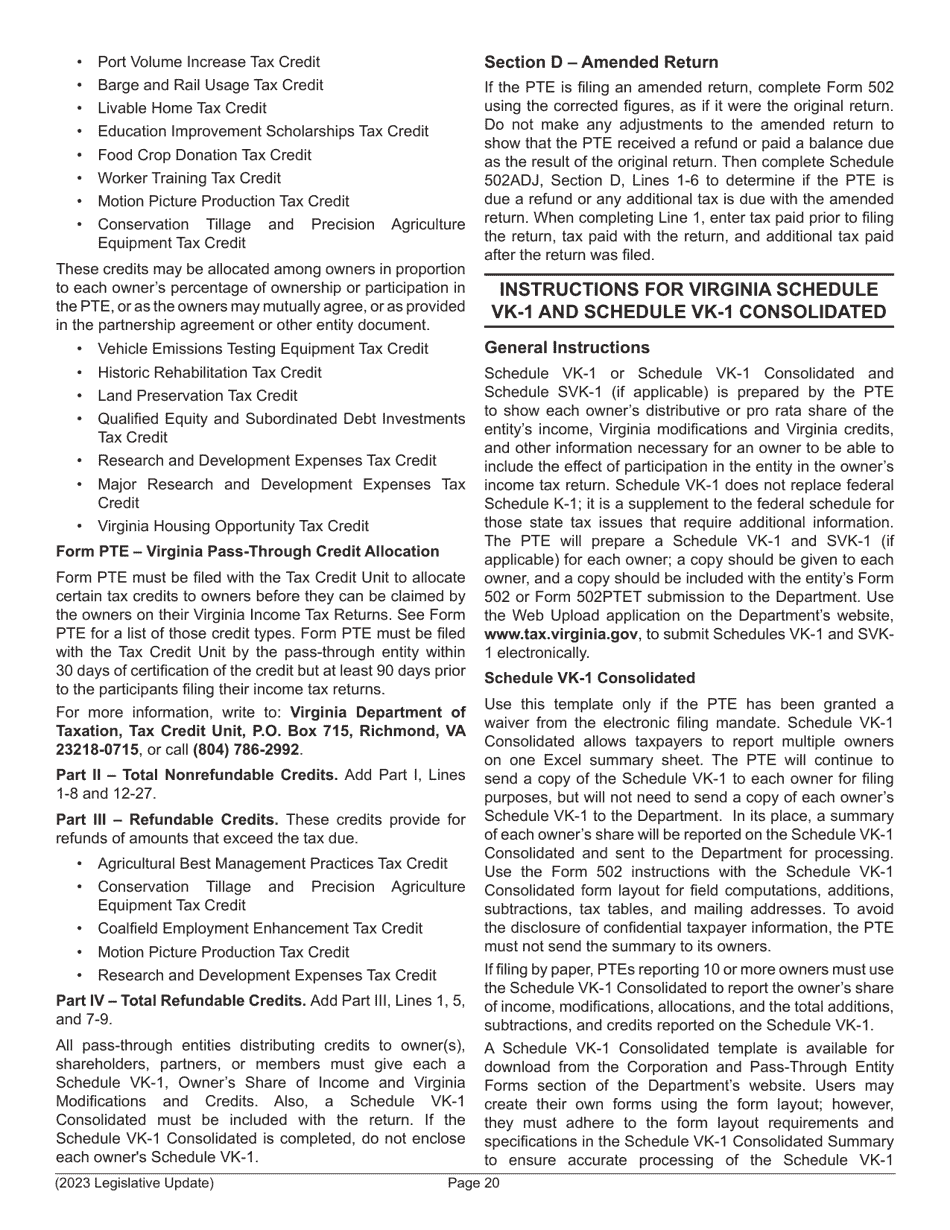 Instructions for Form 502 Pass-Through Entity Return of Income and Return of Nonresident Withholding Tax - Virginia, Page 22