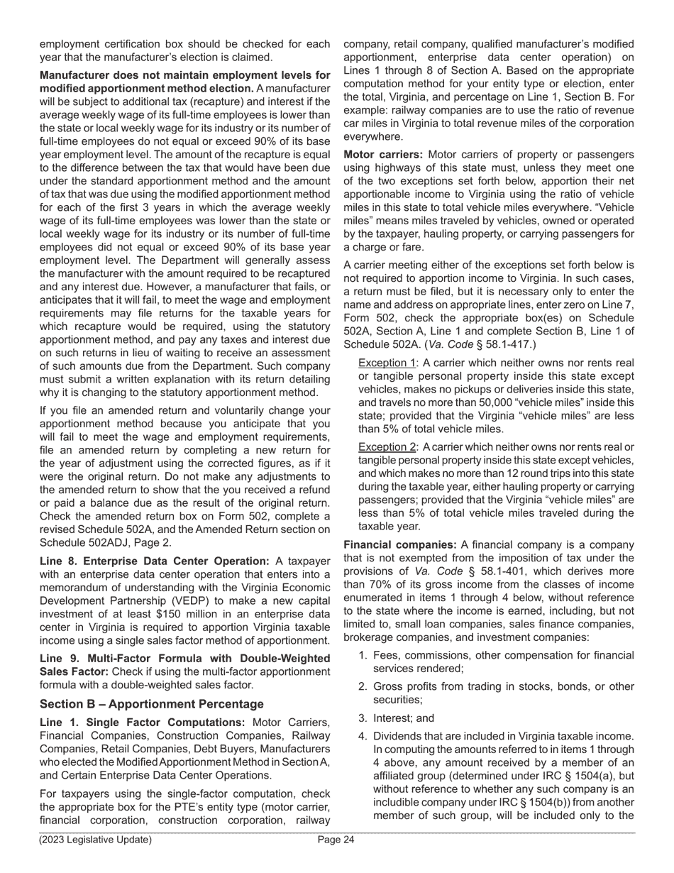 Instructions for Form 502 Pass-Through Entity Return of Income and Return of Nonresident Withholding Tax - Virginia, Page 26