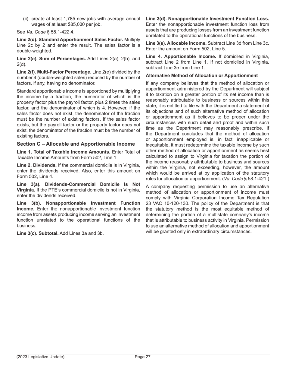 Instructions for Form 502 Pass-Through Entity Return of Income and Return of Nonresident Withholding Tax - Virginia, Page 29
