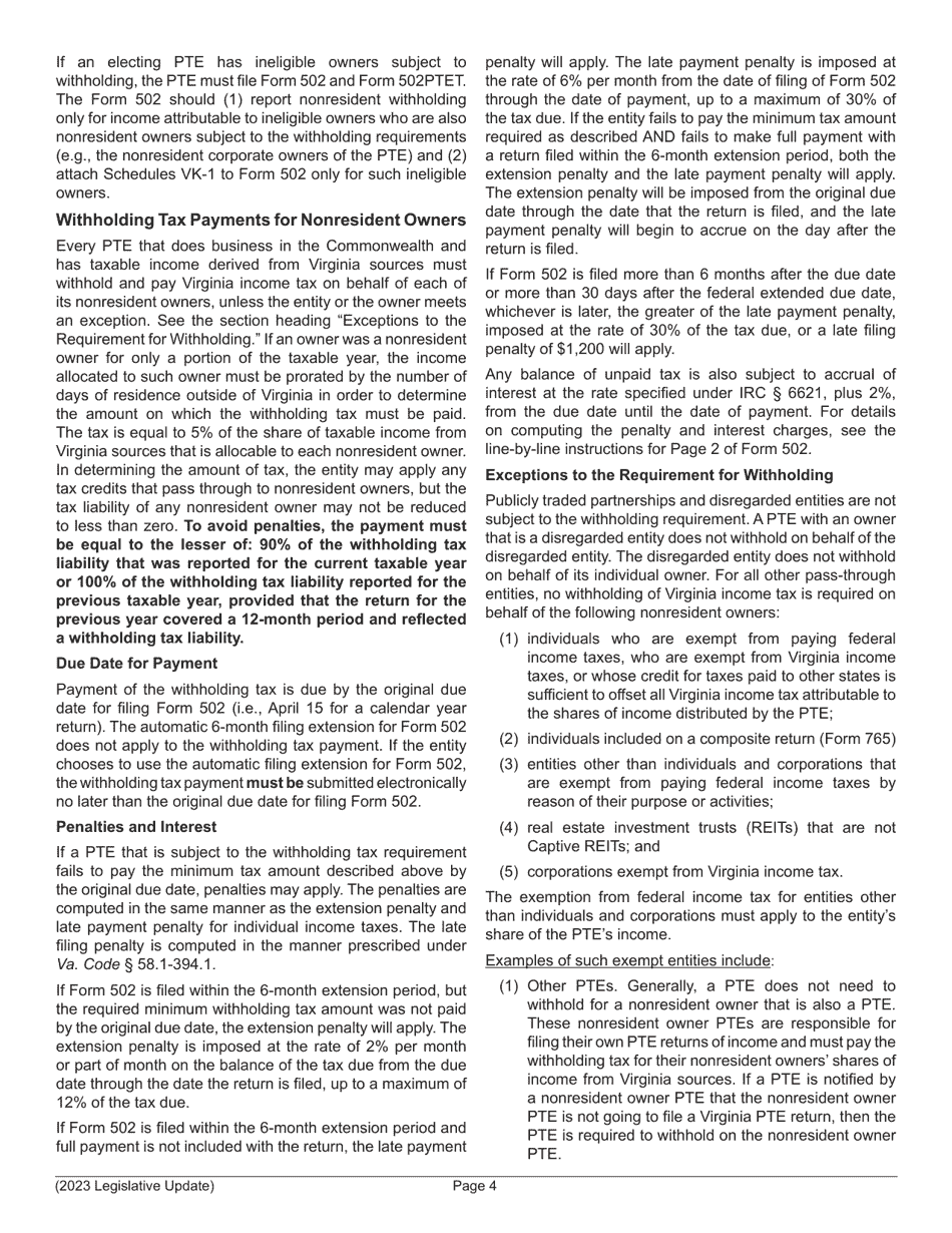 Instructions for Form 502 Pass-Through Entity Return of Income and Return of Nonresident Withholding Tax - Virginia, Page 6
