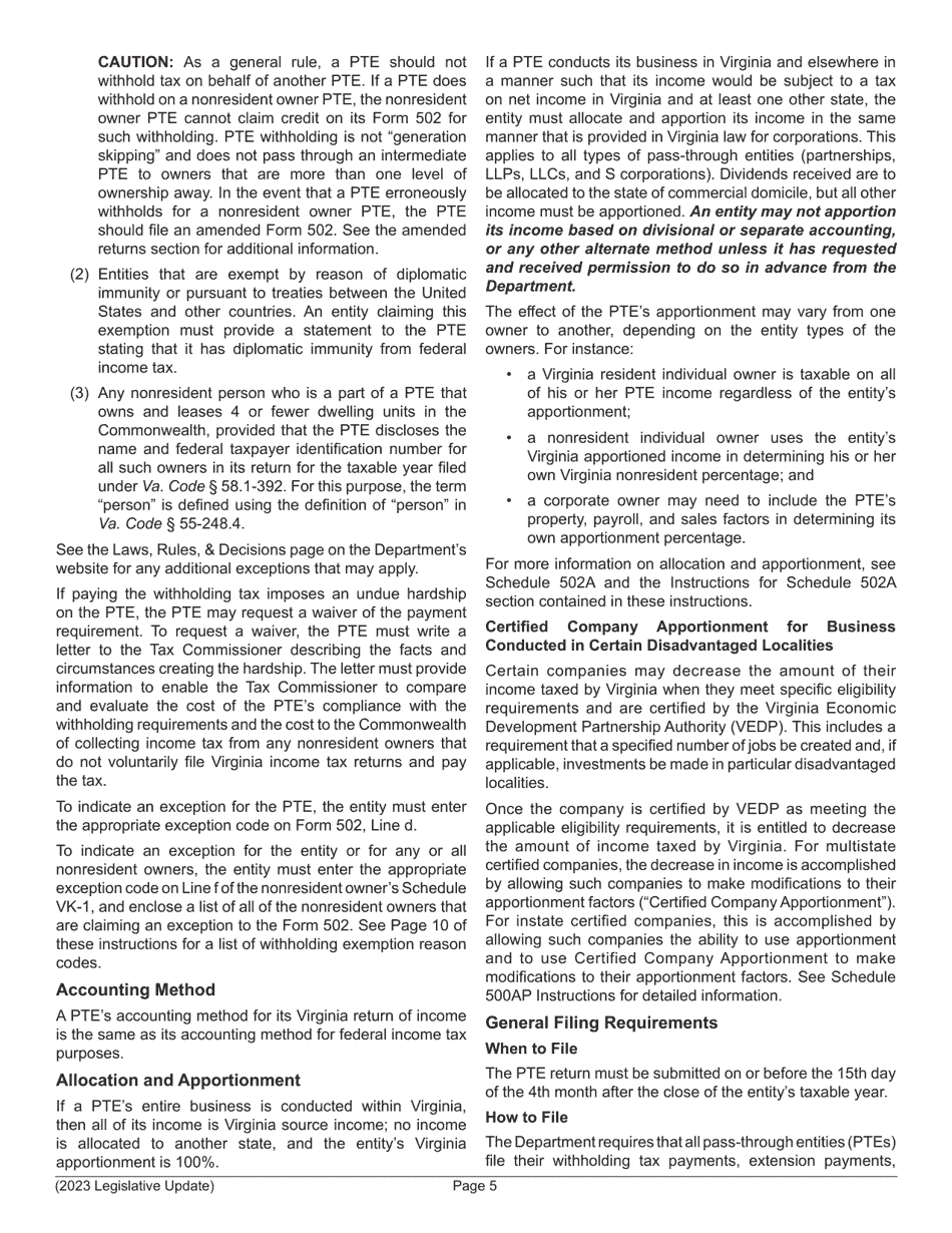 Instructions for Form 502 Pass-Through Entity Return of Income and Return of Nonresident Withholding Tax - Virginia, Page 7