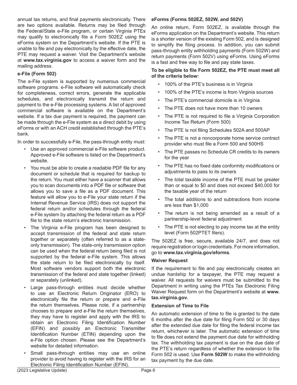 Instructions for Form 502 Pass-Through Entity Return of Income and Return of Nonresident Withholding Tax - Virginia, Page 8
