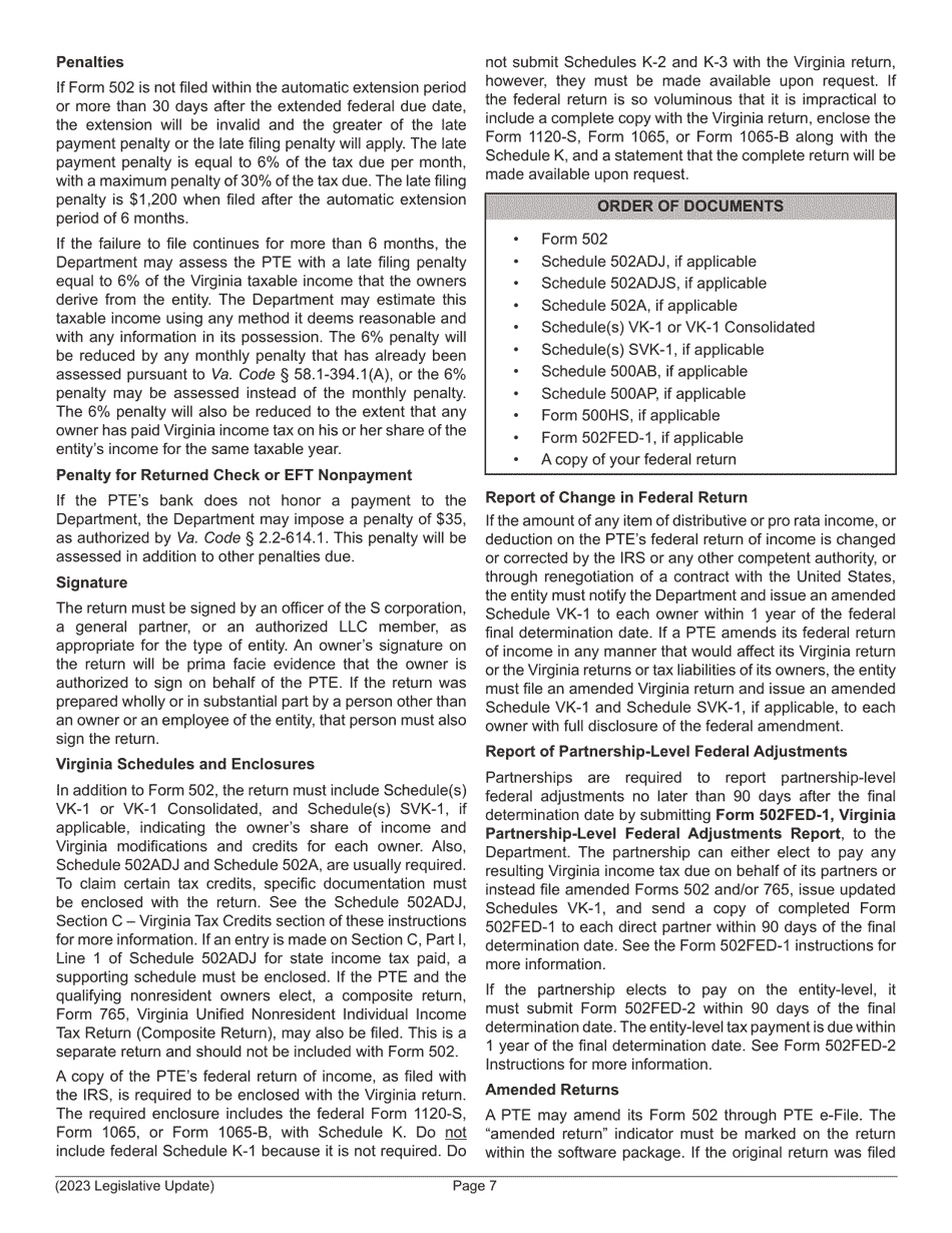 Instructions for Form 502 Pass-Through Entity Return of Income and Return of Nonresident Withholding Tax - Virginia, Page 9