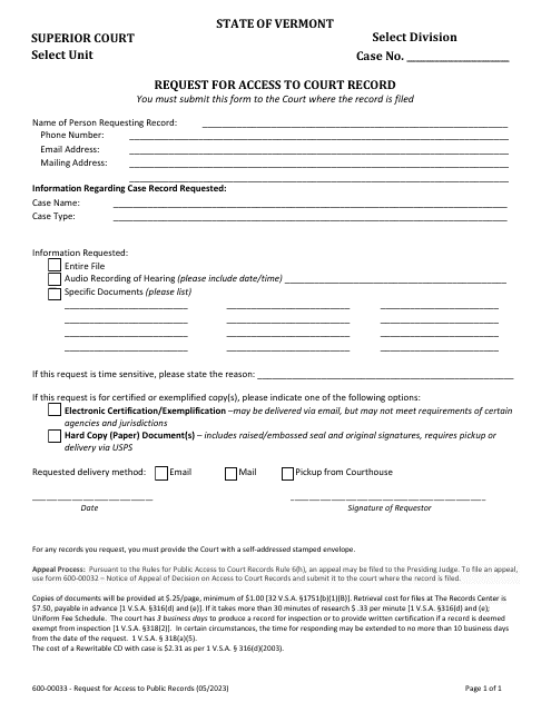 Form 600-00033 Request for Access to Court Record - Vermont