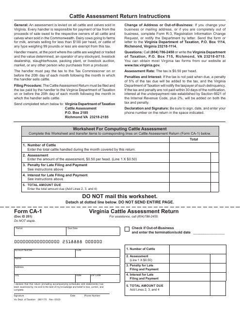 Form CA-1 Virginia Cattle Assessment Return - Virginia