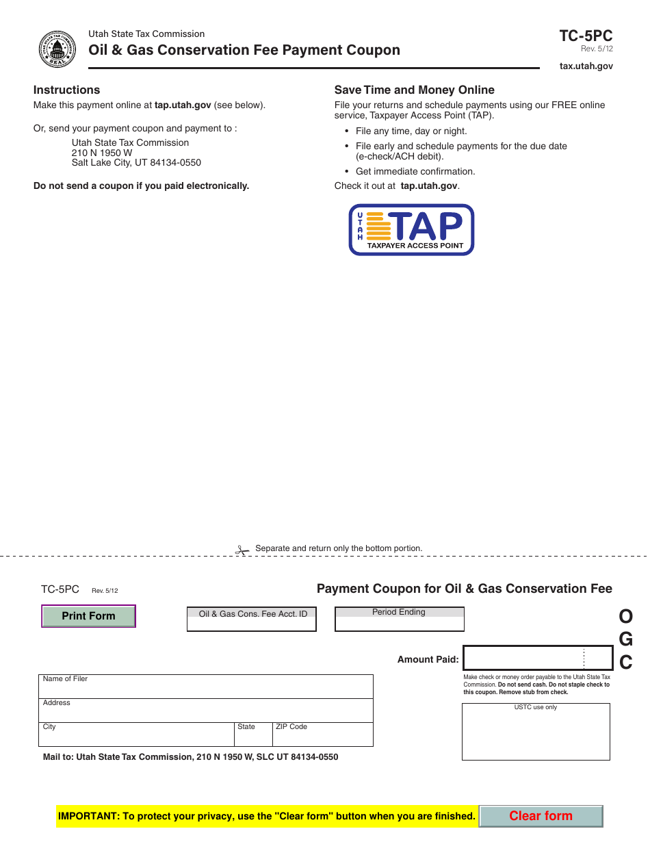 Form TC-5PC Oil  Gas Conservation Fee Payment Coupon - Utah, Page 1