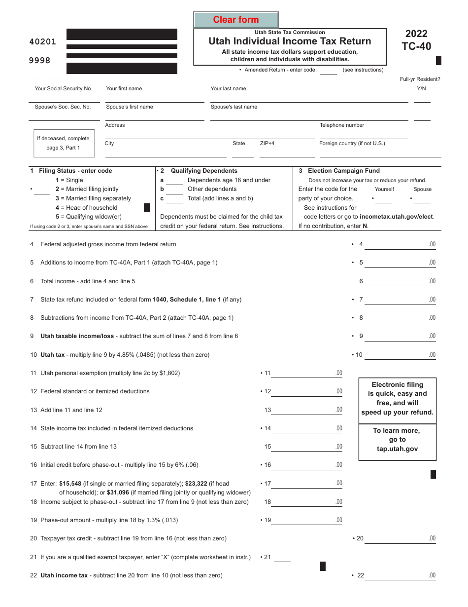 Form TC-40 Utah Individual Income Tax Return - Utah, Page 1